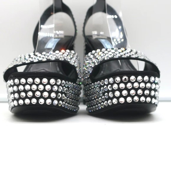 Prada Crystal-Embellished Platform Sandals Black Satin Size 36 Ankle Strap Heels - Picture 4 of 10